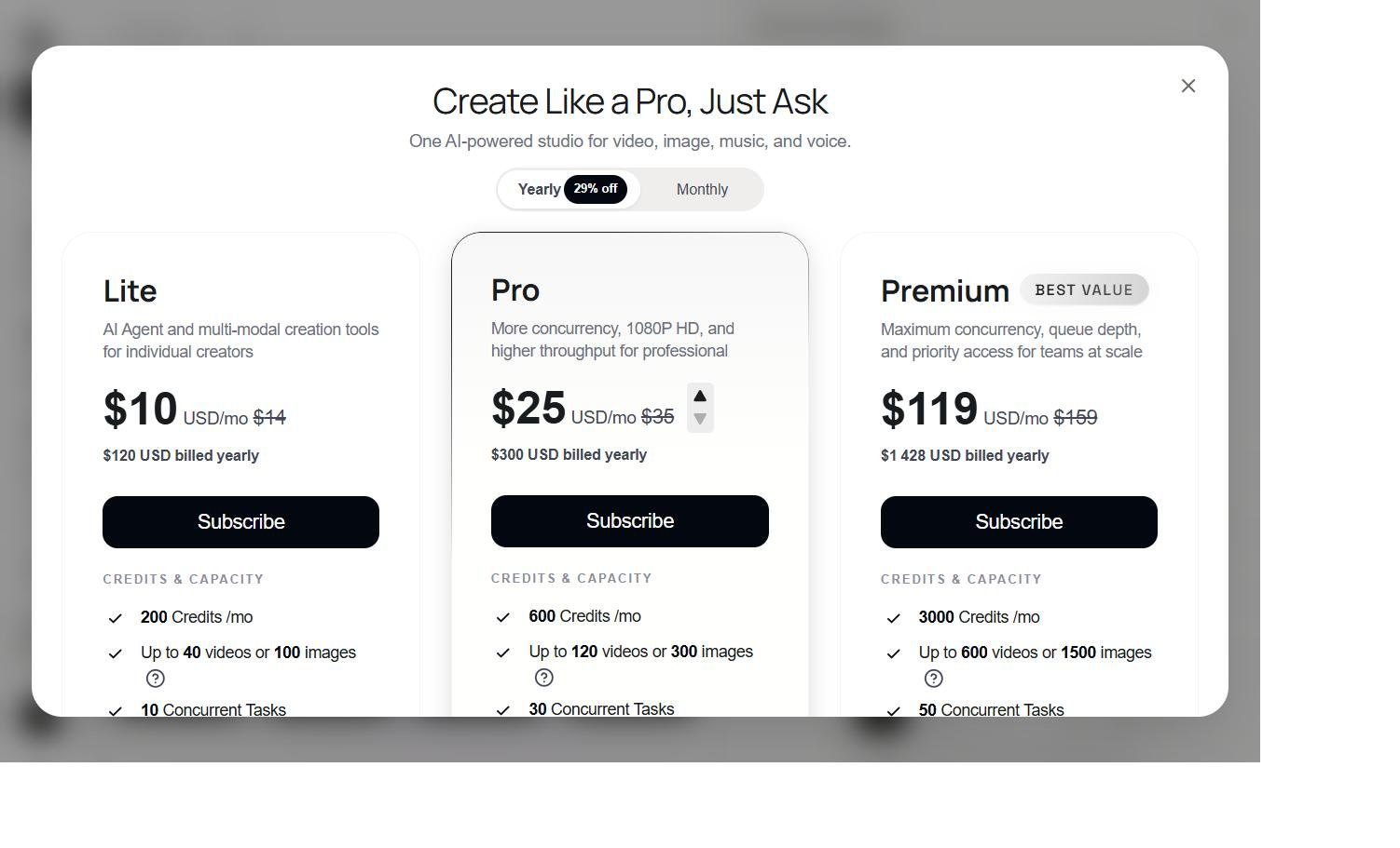 Deevid AI pricing page showing the Lite ($10), Pro ($25) and Premium ($119) plans