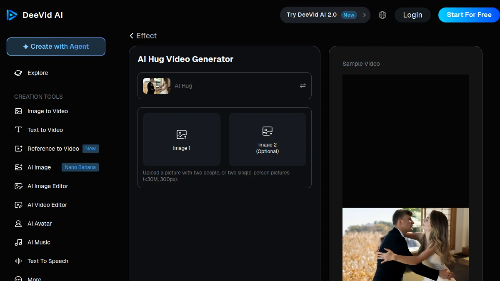 Deevid AI's AI Hug Video Generator screen, with the effect selector and a sample embrace