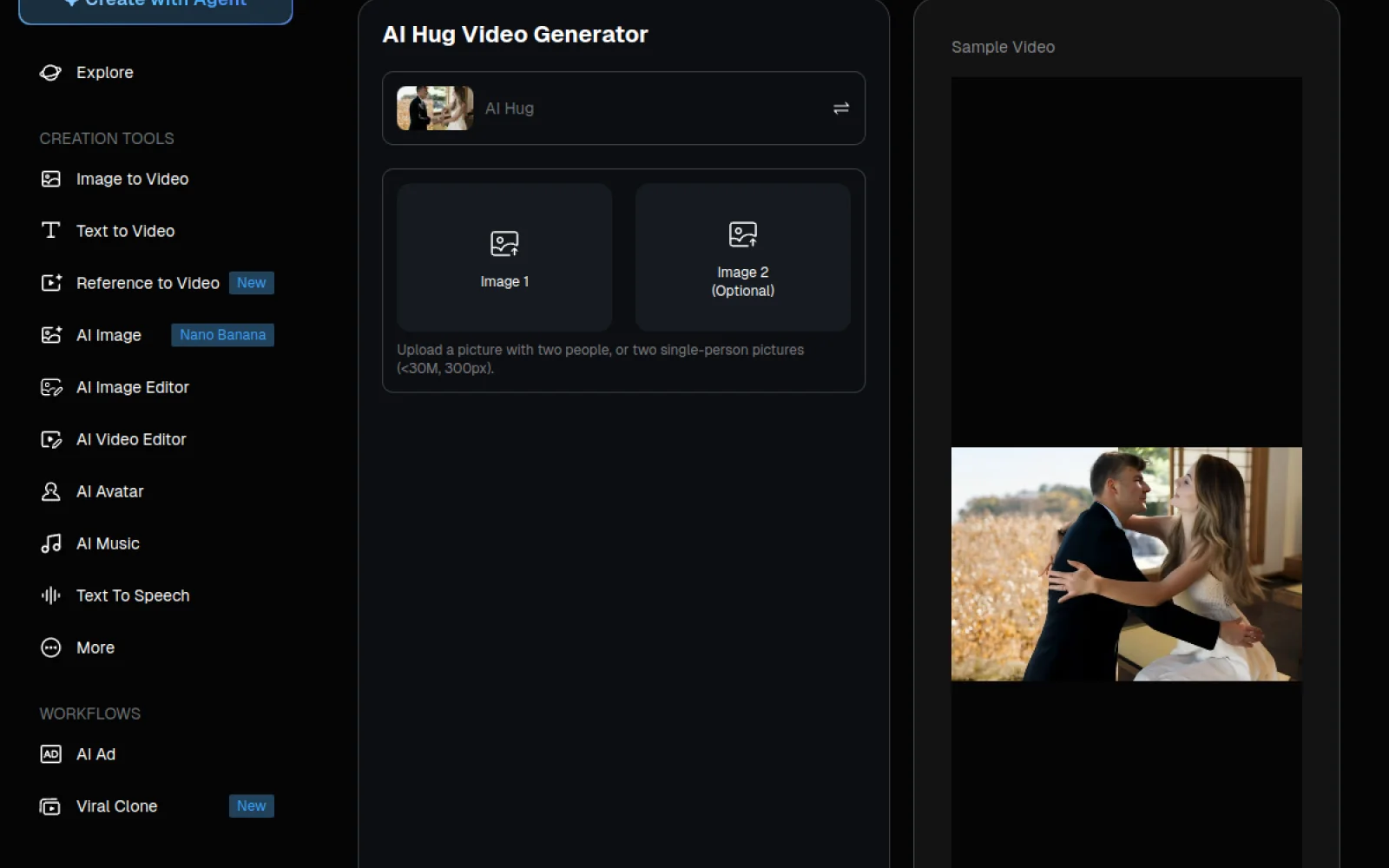 Deevid AI Hug generator interface: upload Image 1 and optional Image 2, then Create
