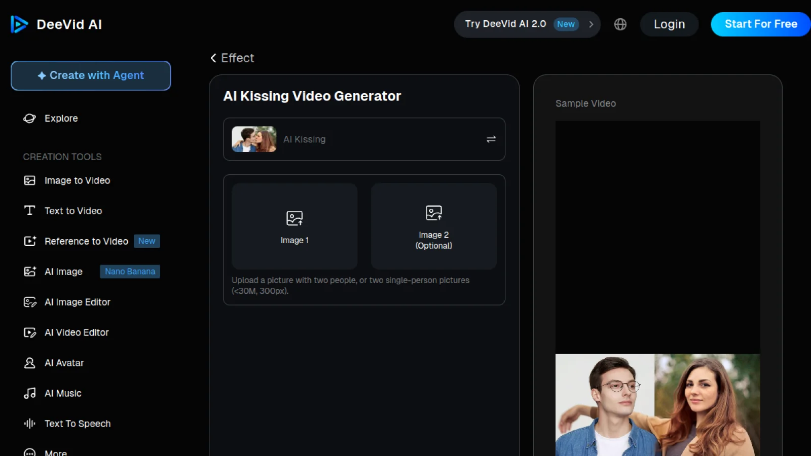 Deevid AI's AI Kissing Video Generator screen, with the effect selector and a sample couple
