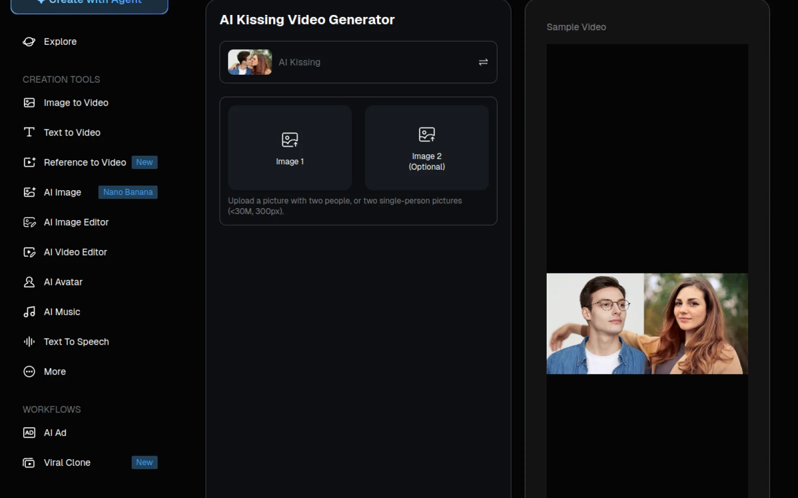 Deevid AI Kissing generator interface: upload Image 1 and optional Image 2, then Create