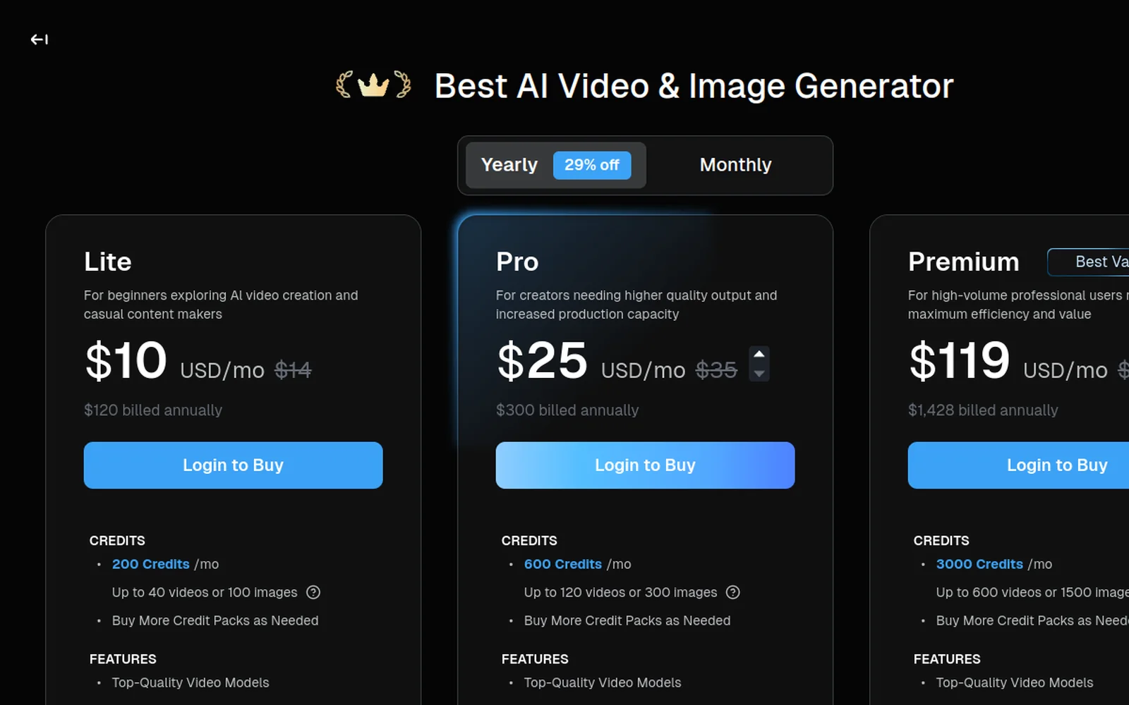 Deevid AI pricing page — Lite, Pro and Premium plans