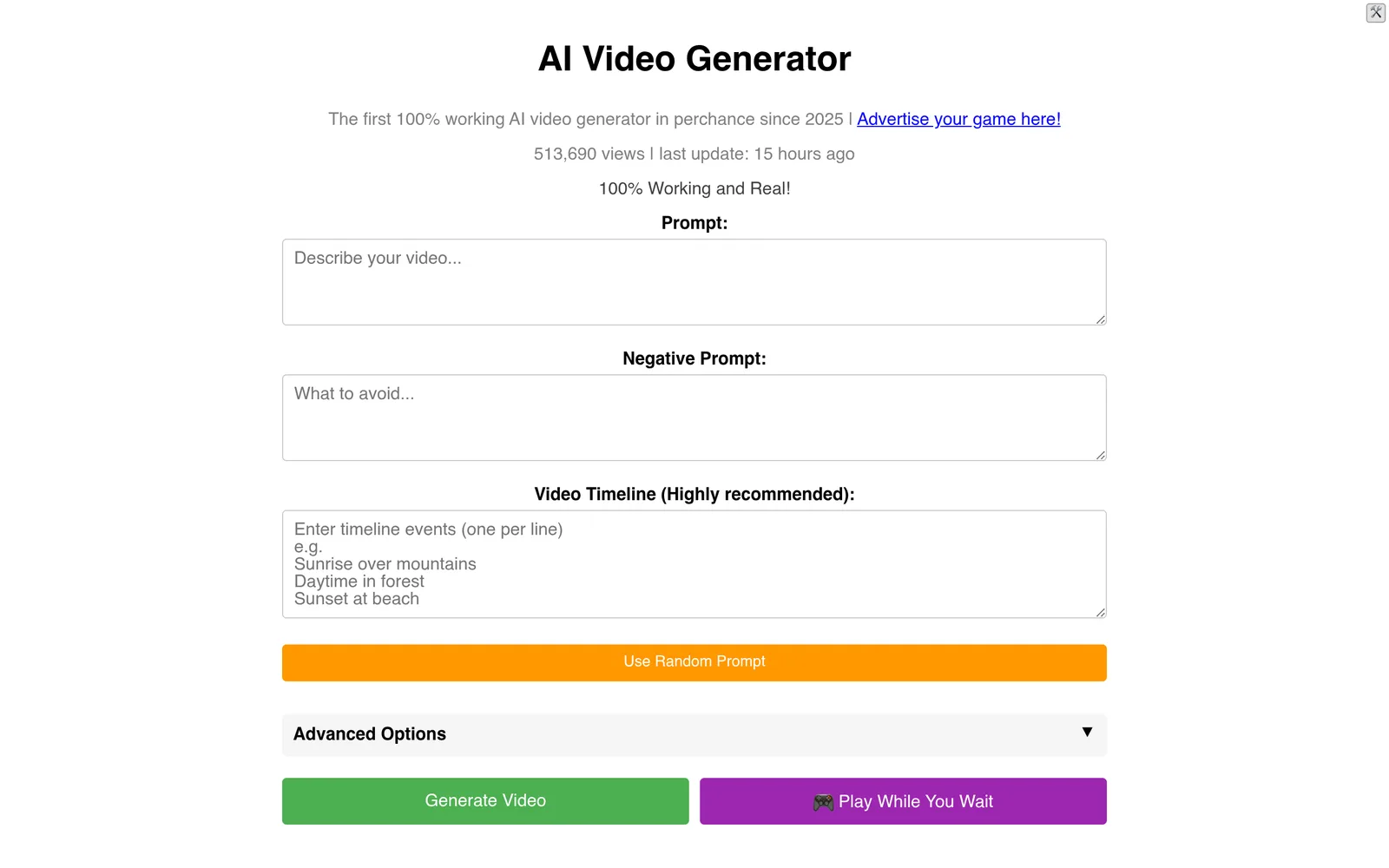 Perchance AI Video Generator homepage screenshot